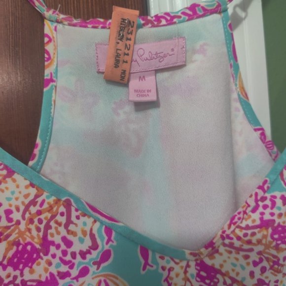 VEUC Sz M Lilly Pulitzer Sea Silk Dusk dress - Hot Pink, Turquoise, Coral, White - Picture 9 of 11